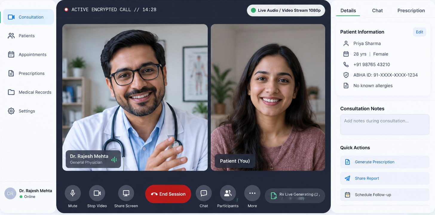 Preview of a HealthSarthi video consultation: a doctor and a patient on an encrypted call, with the patient's details, consultation notes and quick actions shown alongside